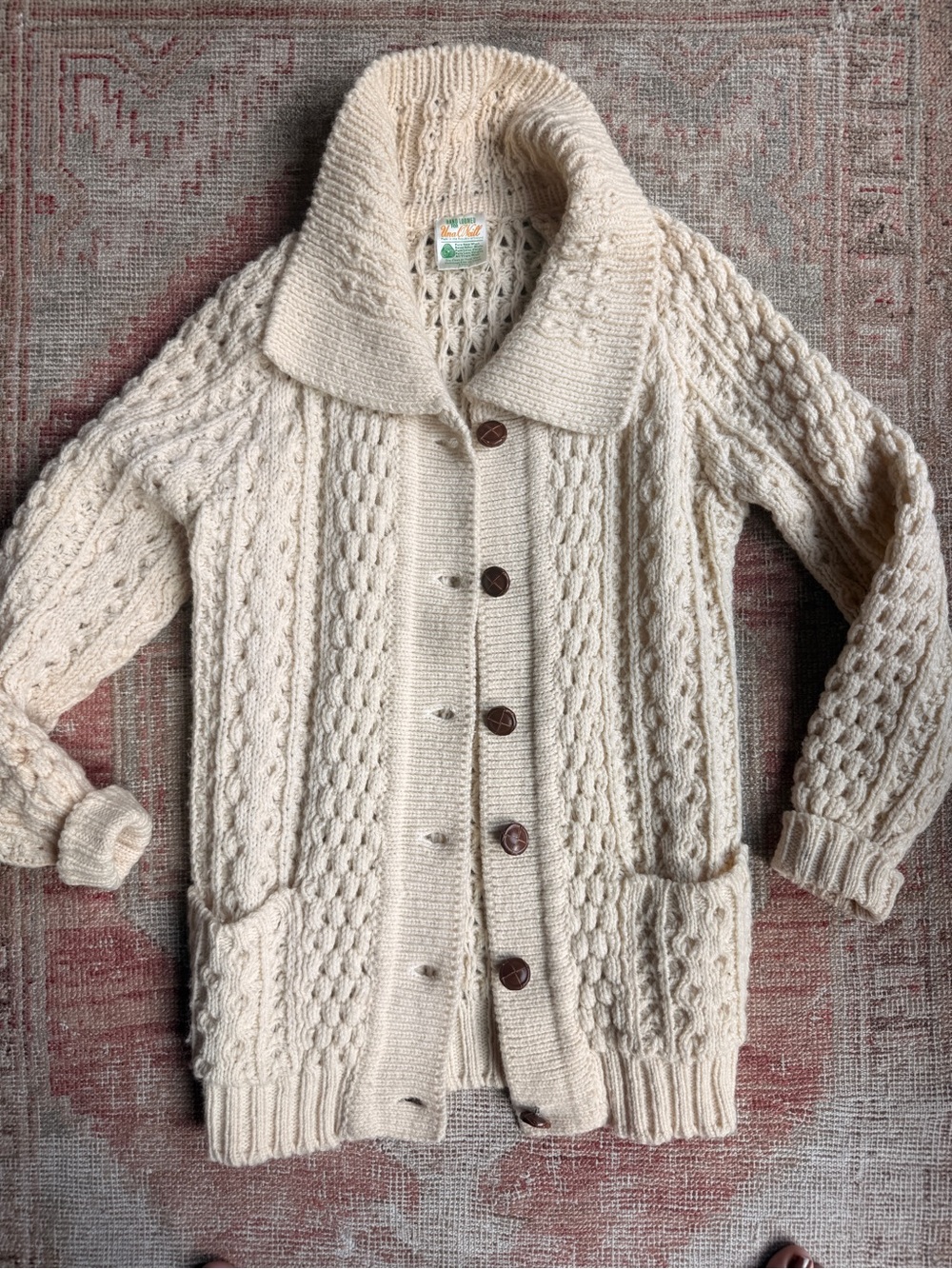 Vintage Aran fisherman cable Cream Cable-Knit Button Front Cardigan Cottagecore